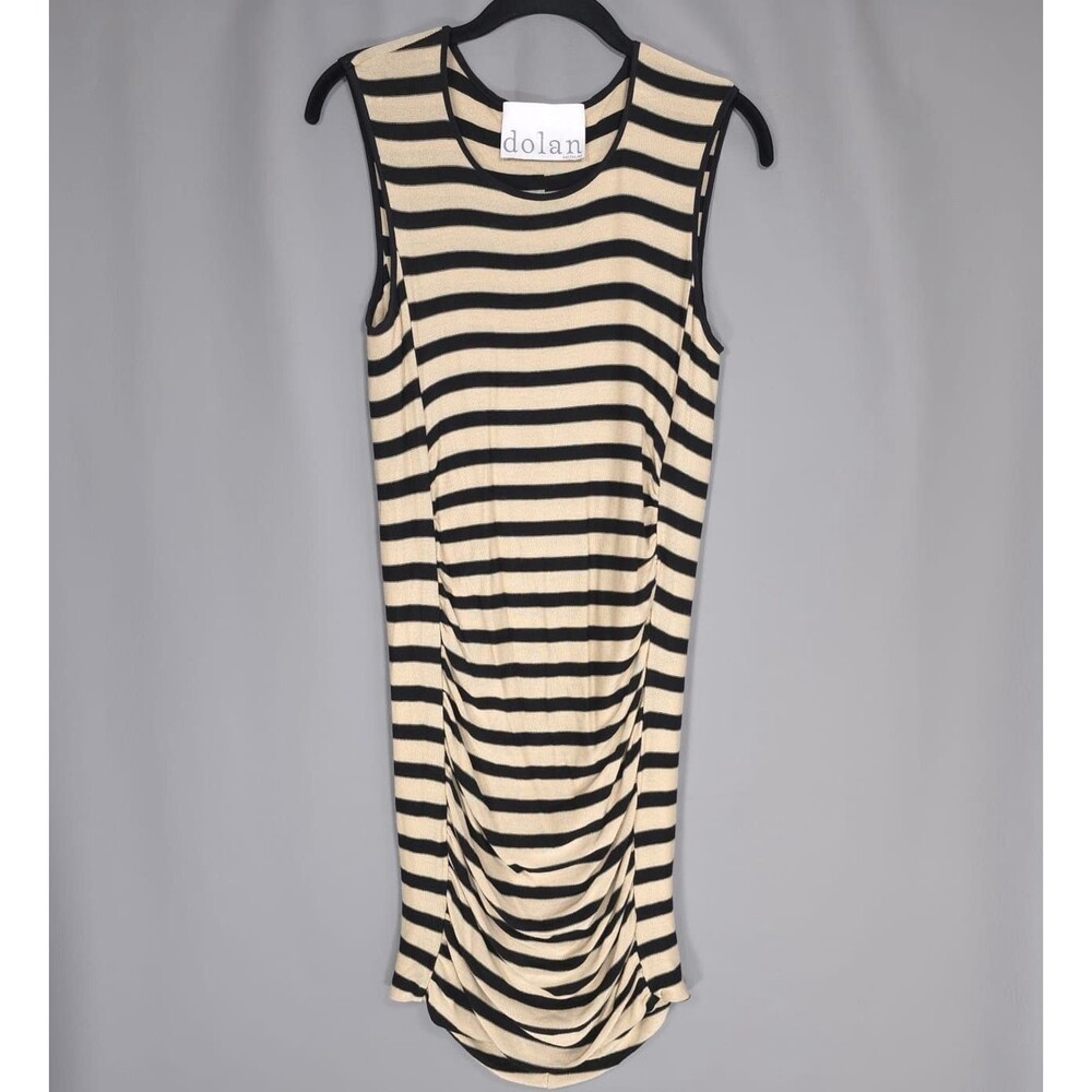 ANTHROPOLOGIE Dolan Dress MEDIUM Striped Tank USA MADE Ruched Sheath Beige Black